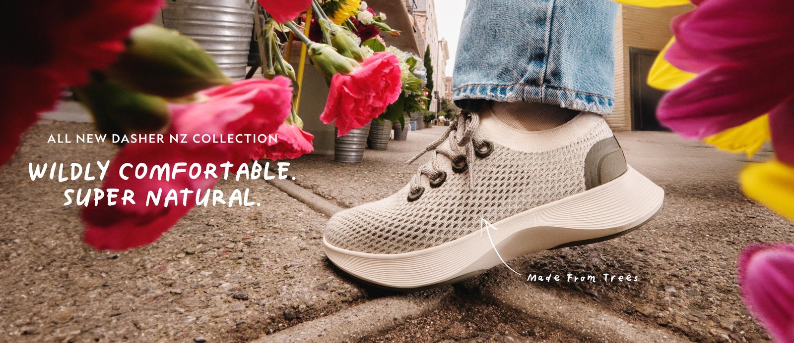 On body image featuring the all new Dasher NZ. Wildly comfortable, super natural, made from trees.